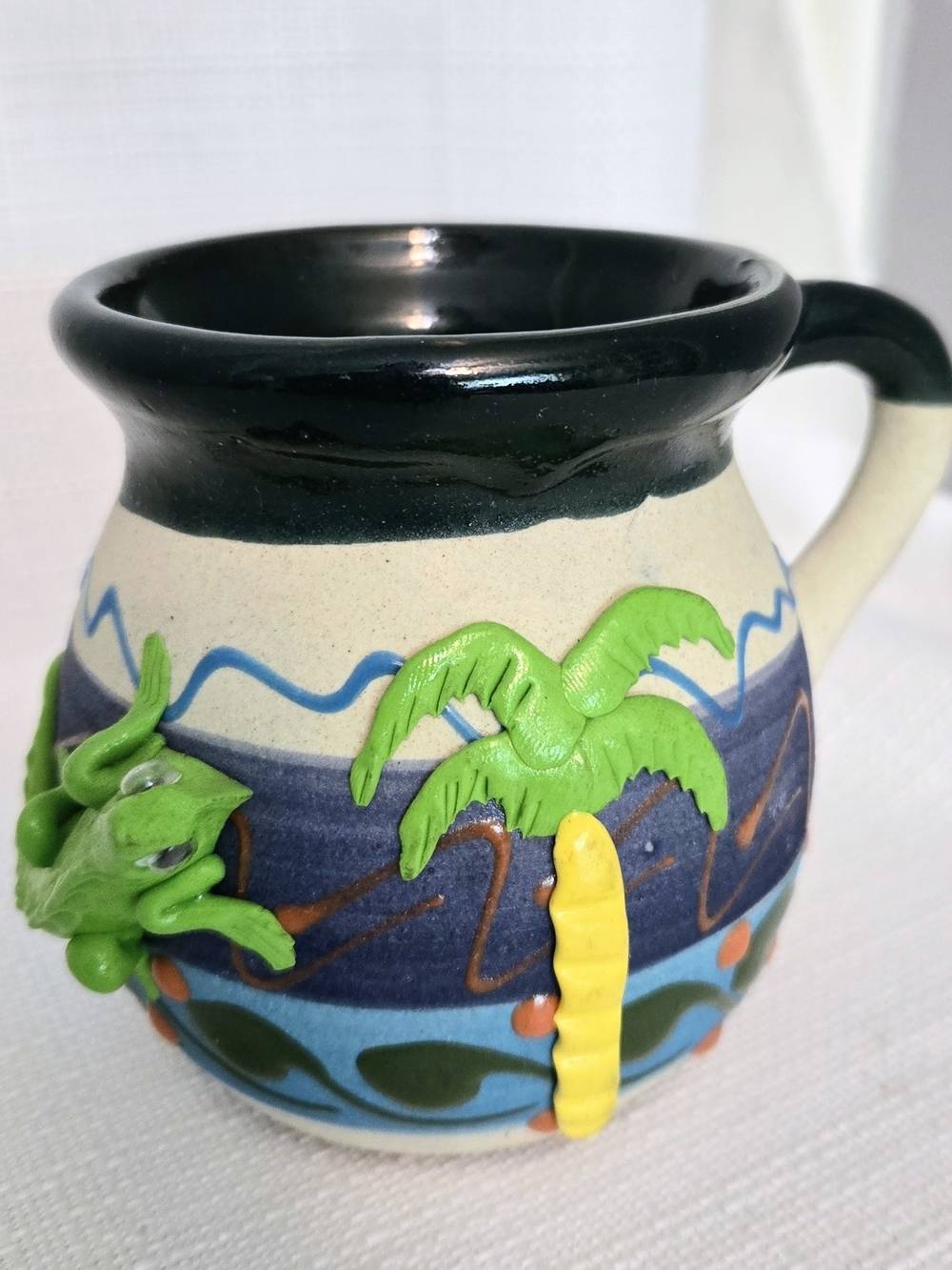 Stoneware Coffee Mug 3-D Applied Lizard Chameleon Folk Art Desert Southwestern